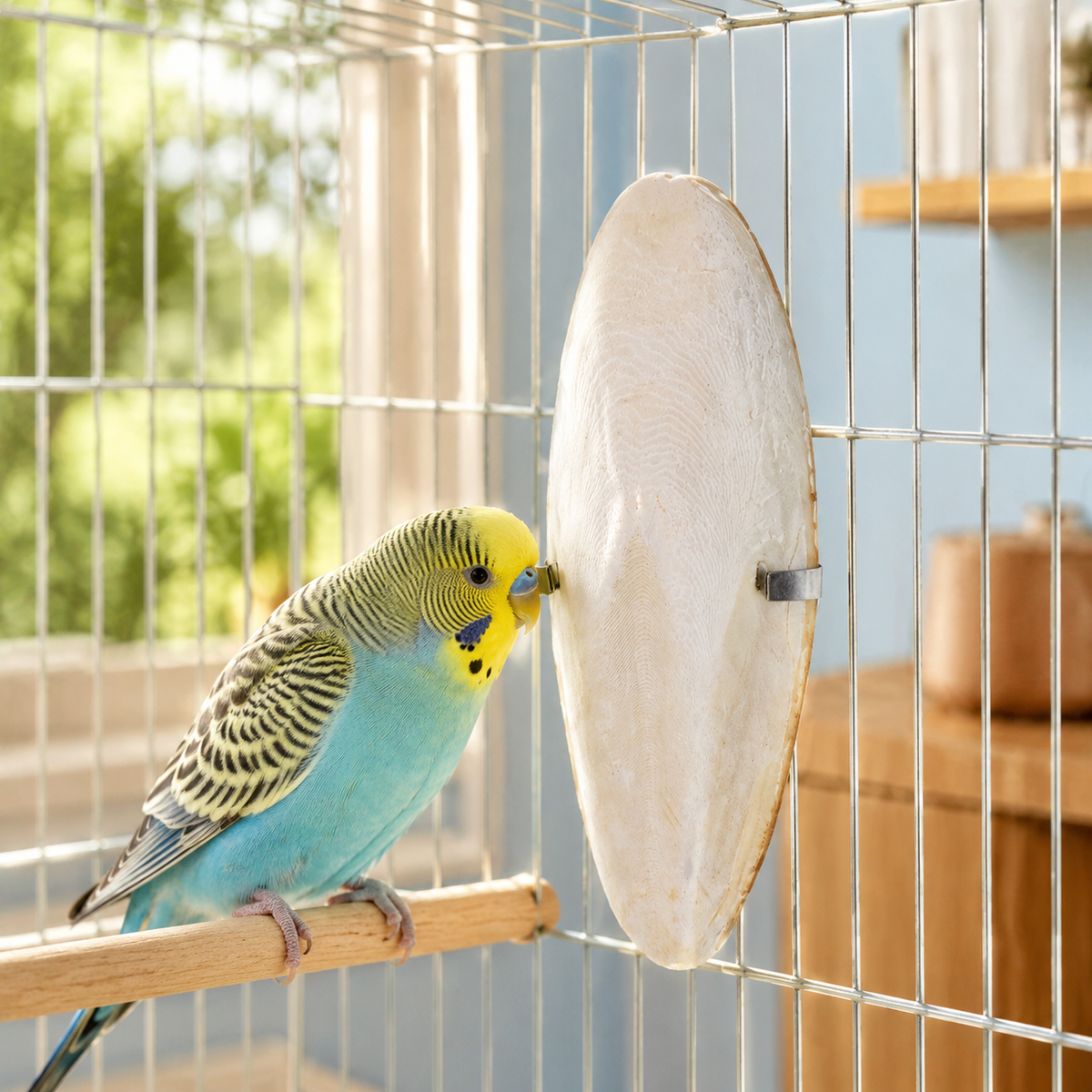 Cuttlebone with cage clip for beak maintenance
