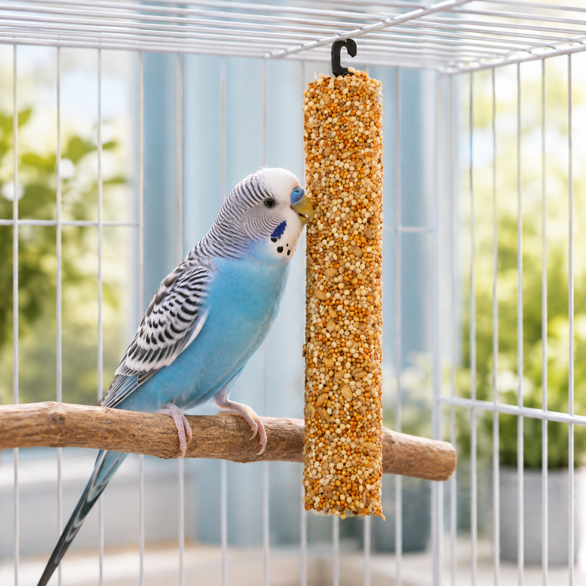 Seed stick treat clipped onto a budgie cage