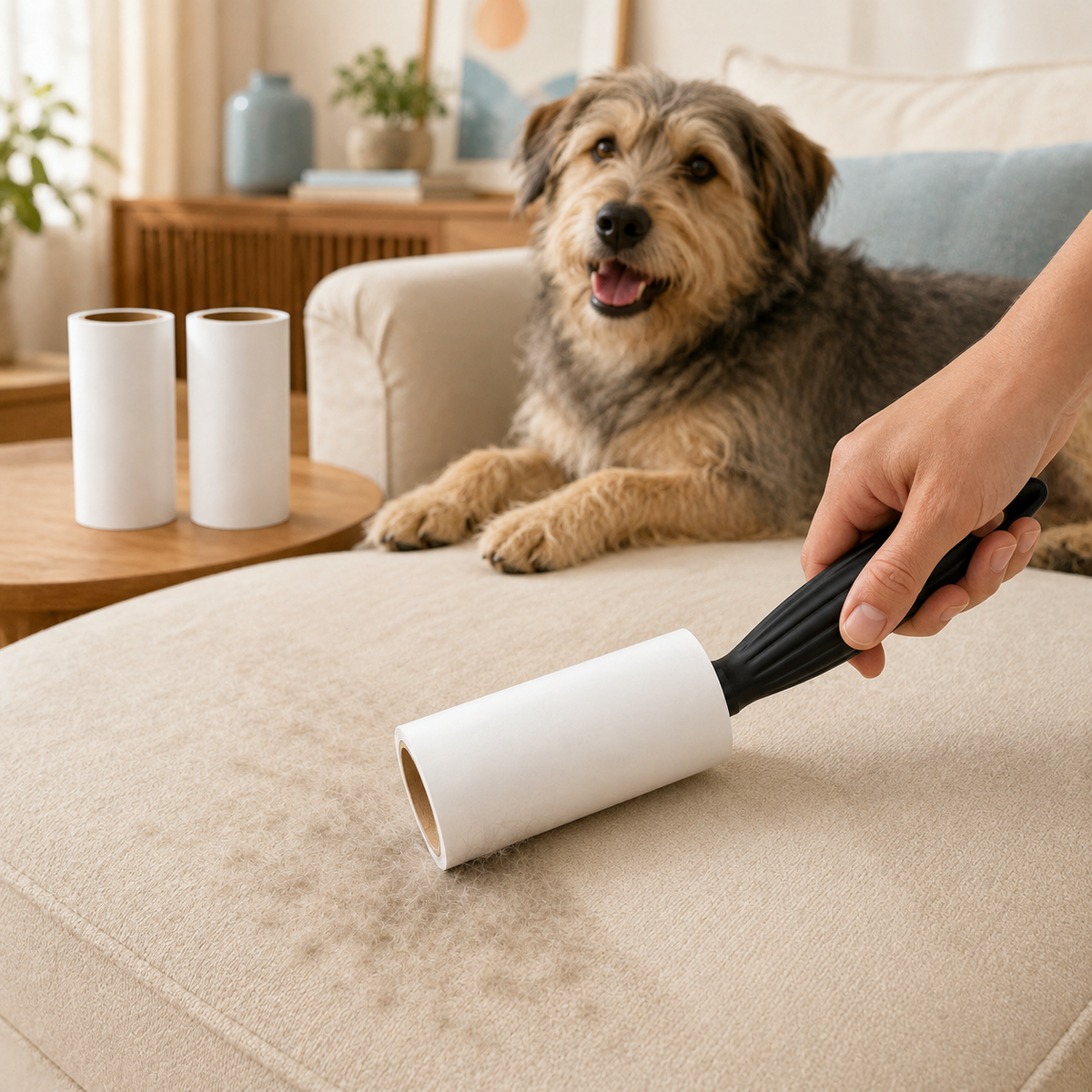 Lint remover lifting pet hair from upholstery