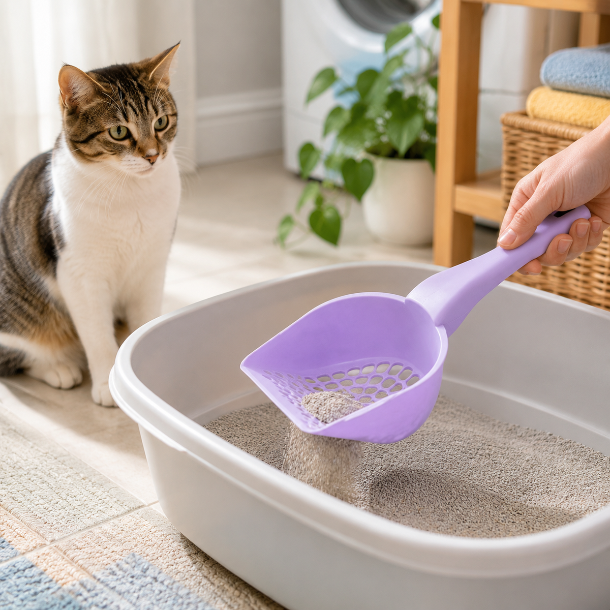 Litter scoop sifting clumps from clean litter